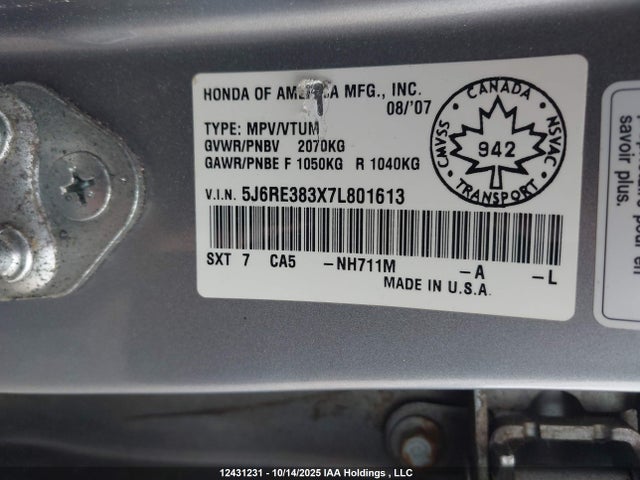 12431231 :رقم المزاد ، 5J6RE383X7L801613 vin ، 2007 Honda Cr-v Lx مزاد بيع