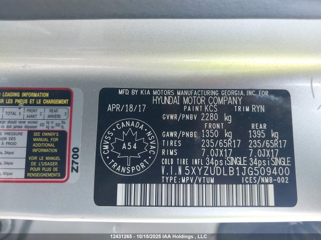 5XYZUDLB1JG509400 Hyundai gdi theta ii