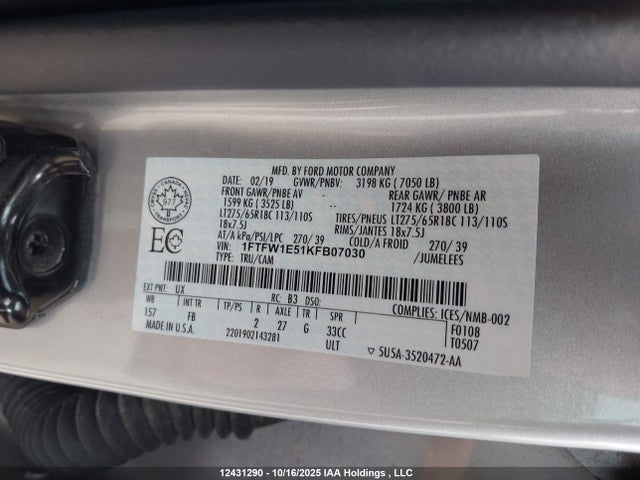 Ford 5.0l 4v 2019 1FTFW1E51KFB07030 Image 9