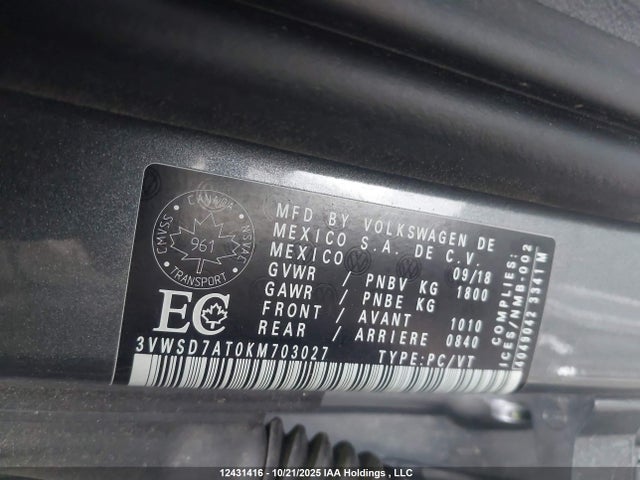 Aukcja sprzedaży 2019 Volkswagen Beetle 2.0 Tsi Dune, vin: 3VWSD7AT0KM703027, numer aukcji: 12431416