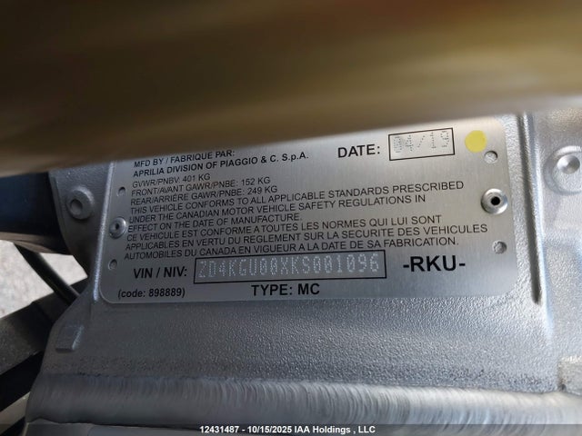 Aprilia Tuono 2019 ZD4KGU00XKS001096 Image 10