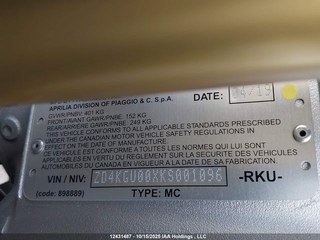 Aprilia Tuono 2019 ZD4KGU00XKS001096 Image 13