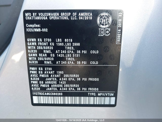 1V2TR2CA9KC560263 Volkswagen Atlas Sel Premium