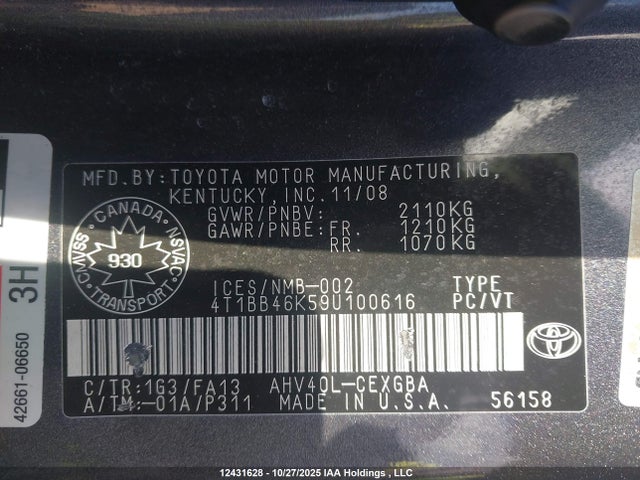 2009 Toyota Camry Hybrid მანქანა იყიდება აუქციონზე, vin: 4T1BB46K59U100616, აუქციონის ნომერი: 12431628