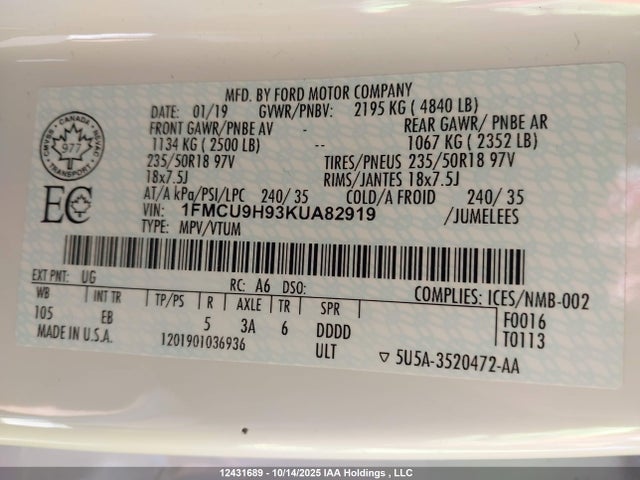 Ford Escape 2019 1FMCU9H93KUA82919 Image 19
