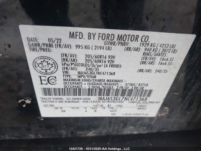 Продаж на аукціоні авто 2022 Ford Ecosport Se, vin: MAJ6S3GL7NC471368, номер лоту: 12431729