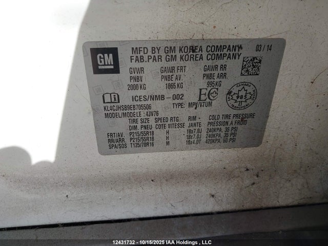 Aukcja sprzedaży 2014 Buick Encore, vin: KL4CJHSB9EB705506, numer aukcji: 12431732