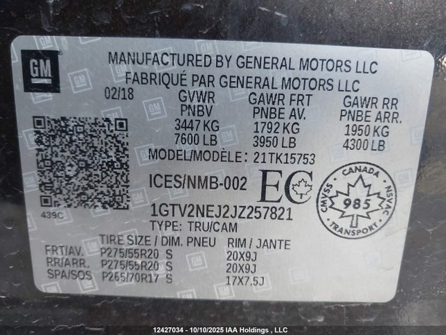 1GTV2NEJ2JZ257821 GMC l86 - sidi: spark ignited direct injection, vvt: variable valve timing, afm, e85 max, alum
