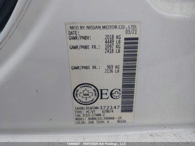 Nissan 2021 2021 1N4BL4CW5MN372147 Image 9