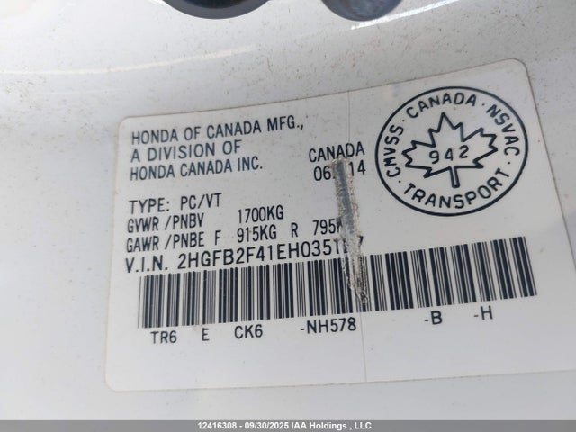 Honda r18z1 2014 2HGFB2F41EH035127 Image 9
