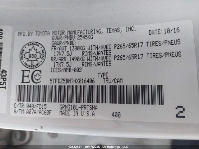 5TFDZ5BN7HX016406 Toyota Tacoma Dbl Cab/sr5/trd Sport/or