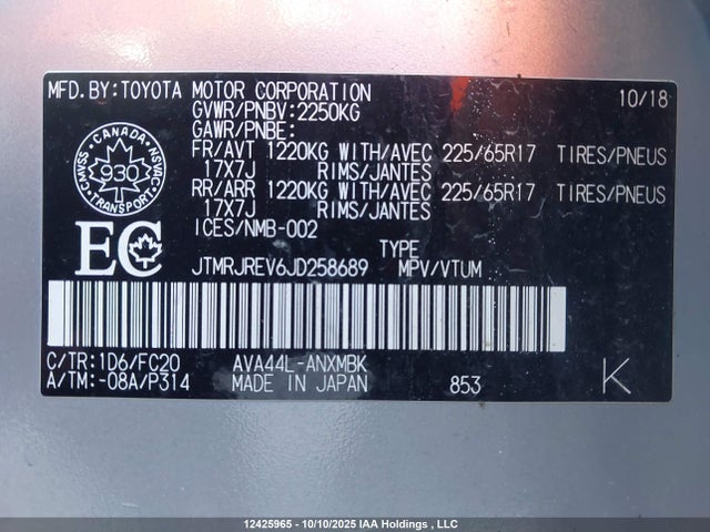 Toyota 2ar-fxe, 2jm+2fm 2018 JTMRJREV6JD258689 Image 9