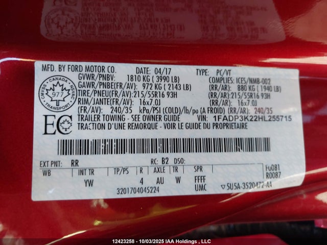 Ford 2.0l gdi 2017 1FADP3K22HL255715 Image 9