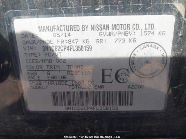 Nissan 2015 2015 3N1CE2CP4FL356159 Image 9