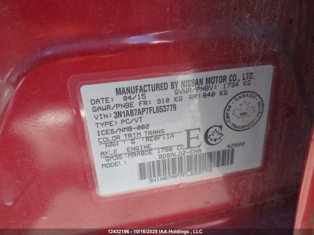 3N1AB7AP7FL653779 Nissan Sentra S/sv/sr/sl