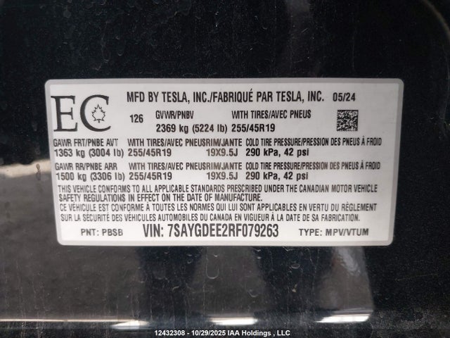 7SAYGDEE2RF079263 Tesla Model Y Long Range