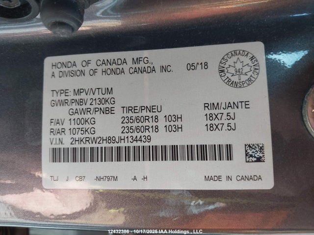 2HKRW2H89JH134439 Honda Cr-v Ex-l