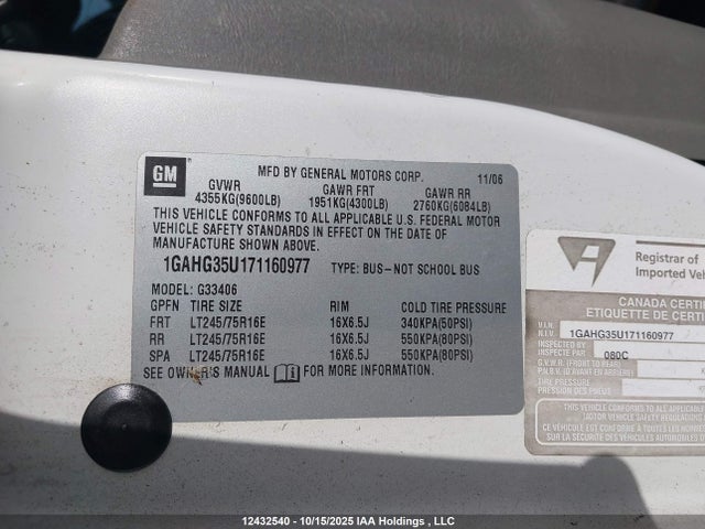 Продаж на аукціоні авто 2007 Chevrolet Express Ls, vin: 1GAHG35U171160977, номер лоту: 12432540
