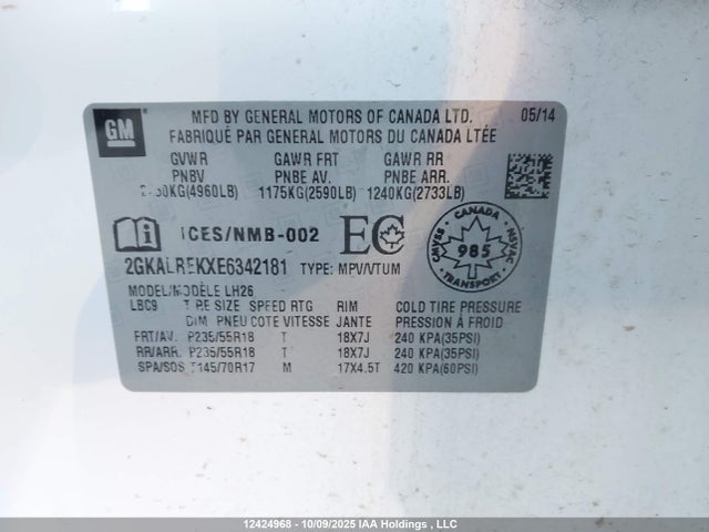 2GKALREKXE6342181 GMC lea - flex fuel (gas/alc), aluminum, high output