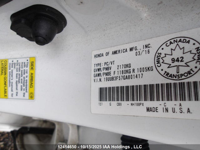 Acura j35y6 2016 19UUB3F57GA801417 Image 9