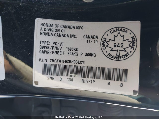 12432641 :رقم المزاد ، 2HGFA1F63BH004326 vin ، 2011 Honda Civic Se مزاد بيع