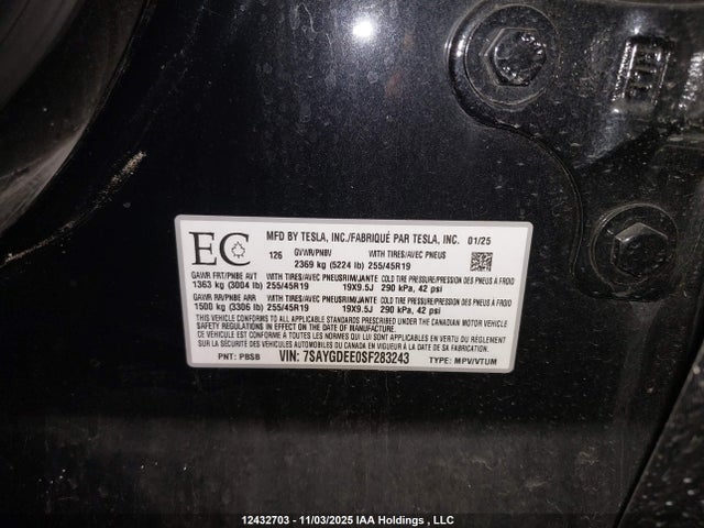 7SAYGDEE0SF283243 Tesla Model Y
