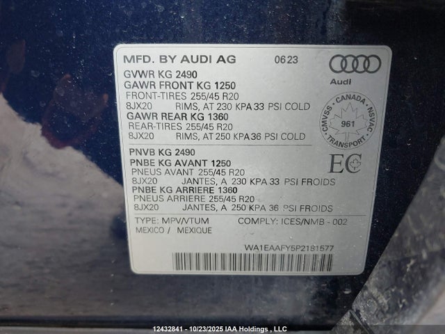 12432841 :رقم المزاد ، WA1EAAFY5P2181577 vin ، 2023 Audi Q5 45 Progressiv مزاد بيع