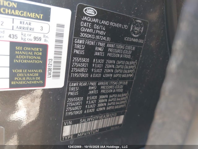 12432869 :رقم المزاد ، SALWV2TFXEA381213 vin ، 2014 Land Rover Range Rover Sport Autobiography مزاد بيع
