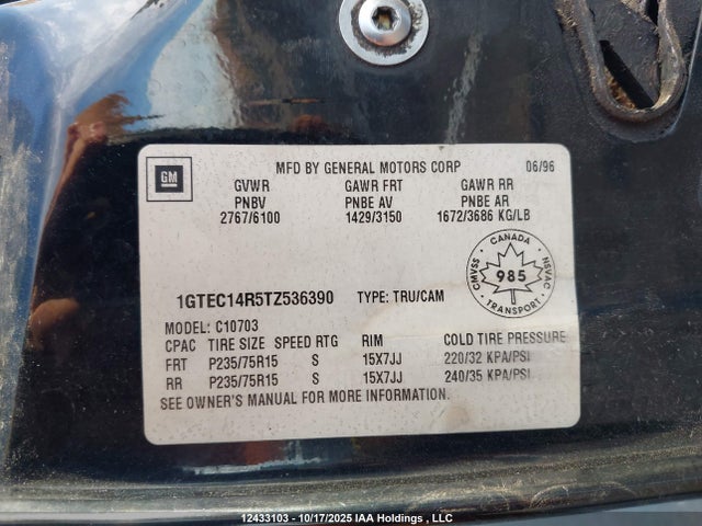 12433103 :رقم المزاد ، 1GTEC14R5TZ536390 vin ، 1996 Gmc Sierra C1500 مزاد بيع