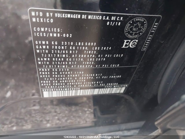 Продажа на аукционе авто 2018 Volkswagen Tiguan Comfortline, vin: 3VV2B7AX9JM099036, номер лота: 12433222
