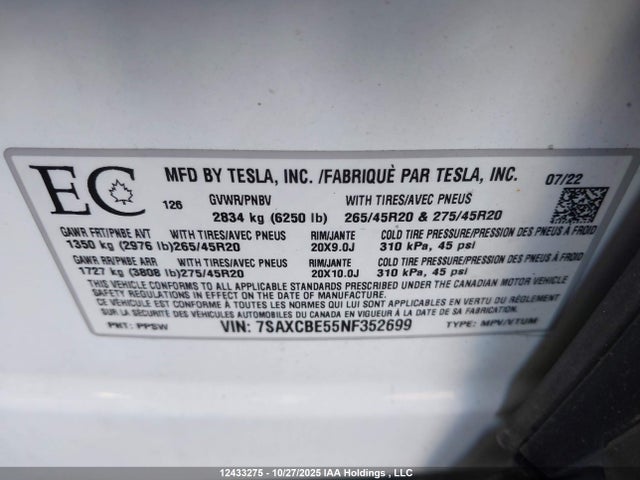 7SAXCBE55NF352699 Tesla Model X Awd