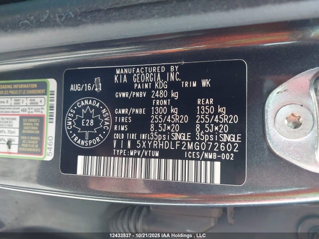 12433537 :رقم المزاد ، 5XYRHDLF2MG072602 vin ، 2021 Kia Sorento Ex مزاد بيع