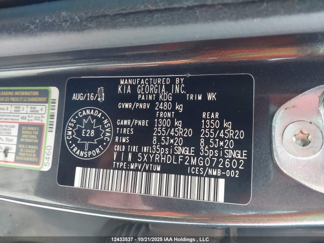 12433537 :رقم المزاد ، 5XYRHDLF2MG072602 vin ، 2021 Kia Sorento Ex مزاد بيع
