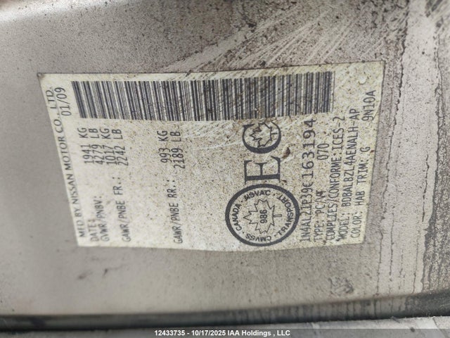 12433735 :رقم المزاد ، 1N4AL21E39C163194 vin ، 2009 Nissan Altima 2.5/2.5s مزاد بيع