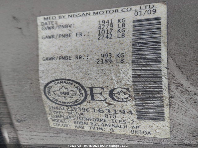 12433735 :رقم المزاد ، 1N4AL21E39C163194 vin ، 2009 Nissan Altima 2.5/2.5s مزاد بيع