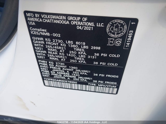 1V2FR2CA8MC578950 Volkswagen Atlas 3.6 Fsi Execline
