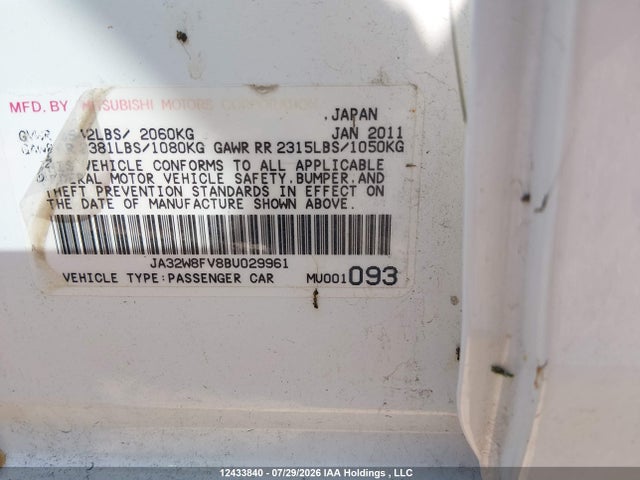 Auction sale of the 2011 Mitsubishi Lancer Evolution Gsr, vin: JA32W8FV8BU029961, lot number: 12433840