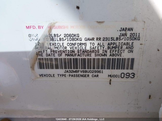 Auction sale of the 2011 Mitsubishi Lancer Evolution Gsr, vin: JA32W8FV8BU029961, lot number: 12433840