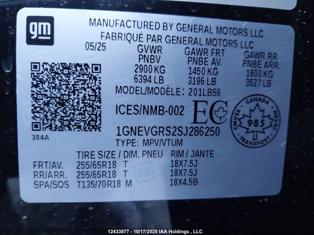 1GNEVGRS2SJ286250 Chevrolet Traverse Lt
