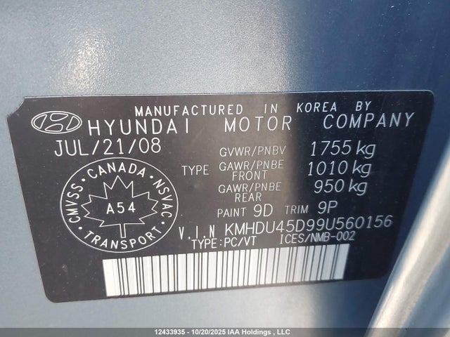 Продажа на аукционе авто 2009 Hyundai Elantra Gls/se, vin: KMHDU45D99U560156, номер лота: 12433935