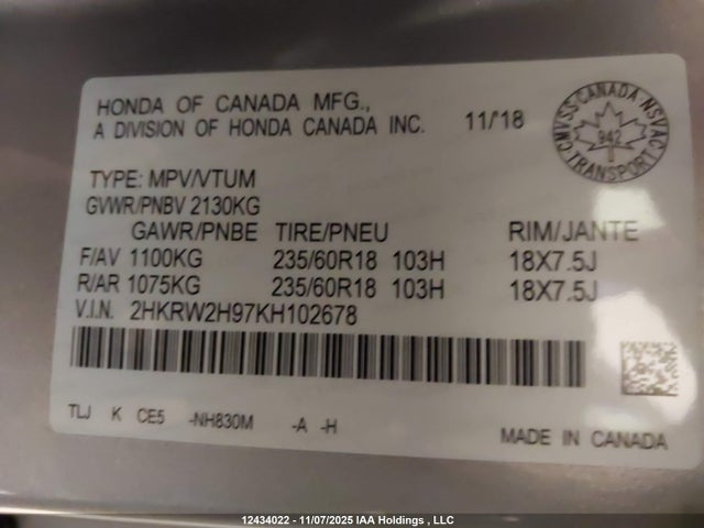 2HKRW2H97KH102678 Honda Cr-v Touring