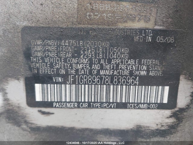 Aukcja sprzedaży 2008 Subaru Impreza Wrx Sti, vin: JF1GR89678L836964, numer aukcji: 12434046