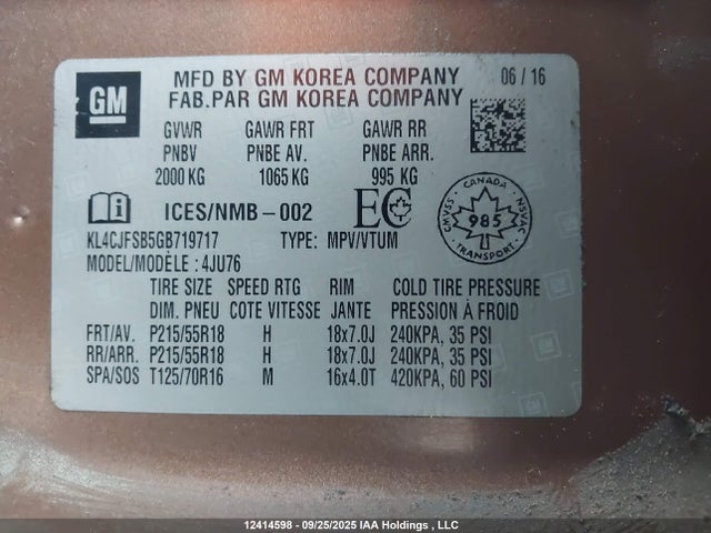 Buick luv - vvt, alum gme e85 max 2016 KL4CJFSB5GB719717 Image 18