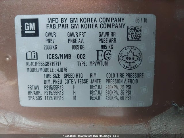 Buick luv - vvt, alum gme e85 max 2016 KL4CJFSB5GB719717 Image 9