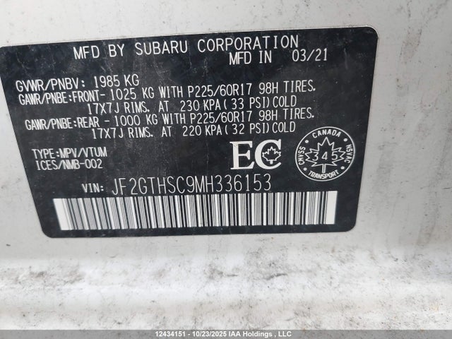 2021 Subaru Crosstrek Sport მანქანა იყიდება აუქციონზე, vin: JF2GTHSC9MH336153, აუქციონის ნომერი: 12434151