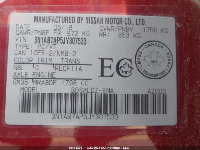 Продажа на аукционе авто 2018 Nissan Sentra, vin: 3N1AB7AP5JY307533, номер лота: 12434203