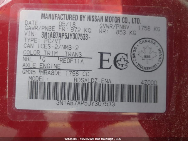 Продажа на аукционе авто 2018 Nissan Sentra, vin: 3N1AB7AP5JY307533, номер лота: 12434203