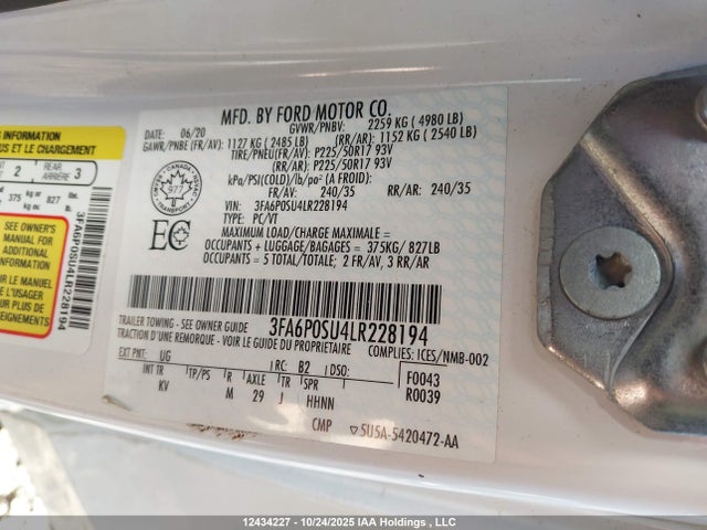 Aukcja sprzedaży 2020 Ford Fusion Titanium, vin: 3FA6P0SU4LR228194, numer aukcji: 12434227