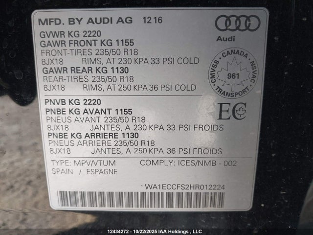 Aukcja sprzedaży 2017 Audi Q3 2.0t Komfort, vin: WA1ECCFS2HR012224, numer aukcji: 12434272