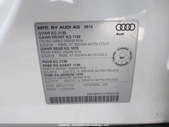 Audi 2.0t 2015 WA1BFEFS1FR002125 Image 9